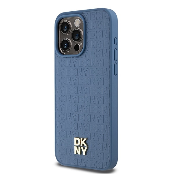 DKNY läderfodral med monogrammönster och metallogo MagSafe-fodral för iPhone 15 Pro Max - Blå