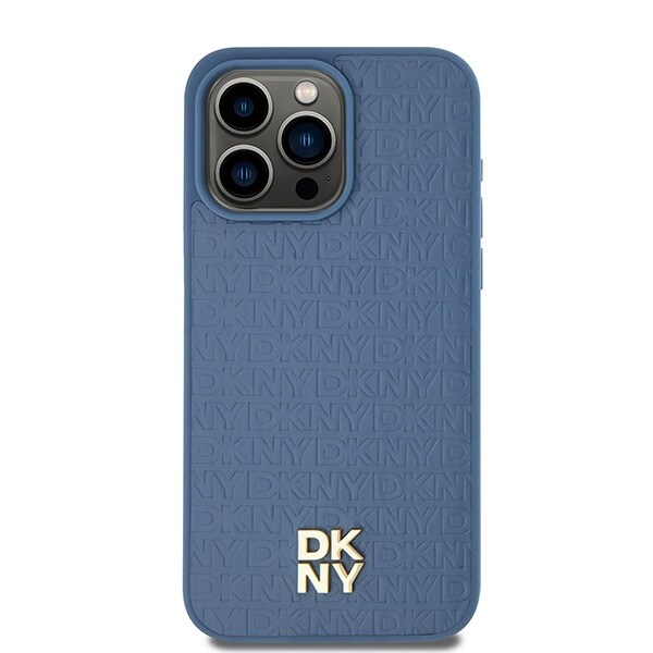 DKNY läderfodral med monogrammönster och metallogo MagSafe-fodral för iPhone 15 Pro Max - Blå