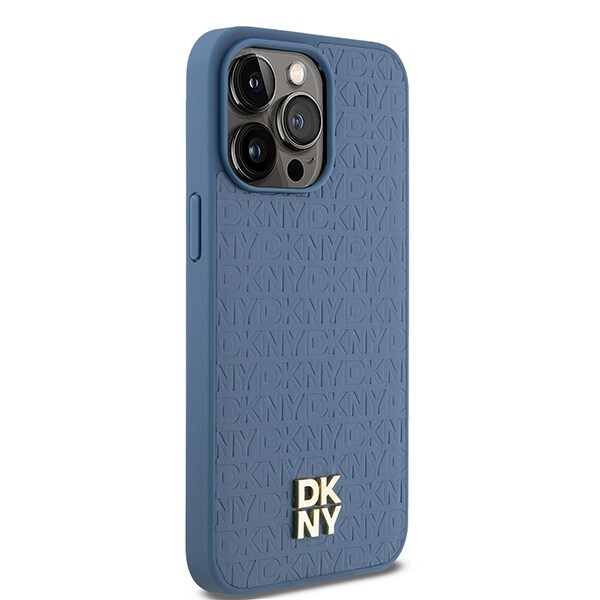 DKNY läderfodral med monogrammönster och metallogo MagSafe-fodral för iPhone 15 Pro Max - Blå