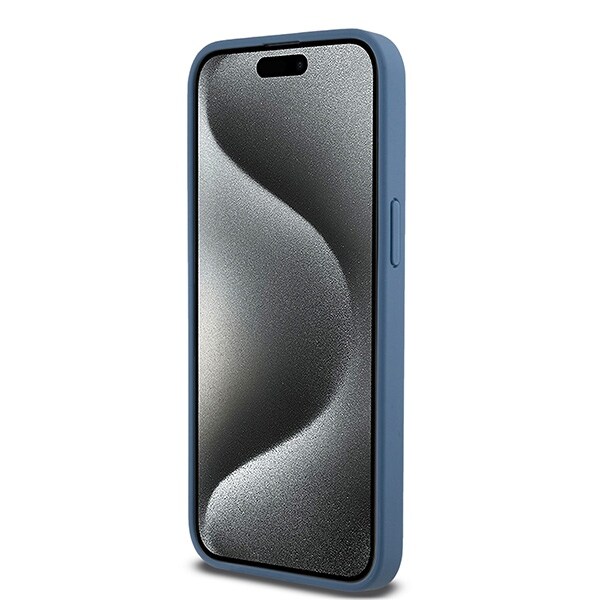 DKNY läderfodral med monogrammönster och metallogo MagSafe-fodral för iPhone 15 Pro Max - Blå