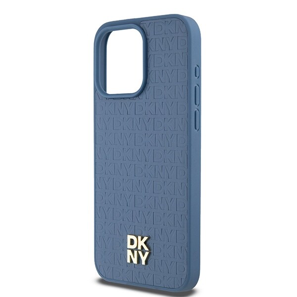 DKNY läderfodral med monogrammönster och metallogo MagSafe-fodral för iPhone 15 Pro Max - Blå