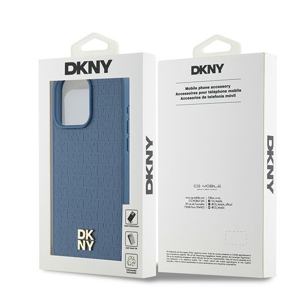 DKNY läderfodral med monogrammönster och metallogo MagSafe-fodral för iPhone 15 Pro Max - Blå