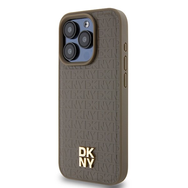 DKNY MagSafe-etui med lædermønster og metallogo til iPhone 15 Pro Max - Brun