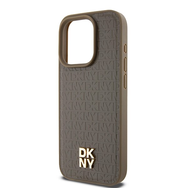 DKNY MagSafe-etui med lædermønster og metallogo til iPhone 15 Pro Max - Brun