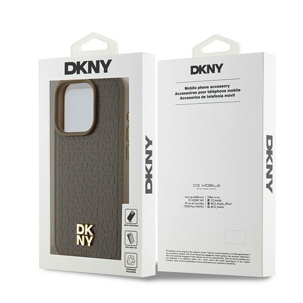 DKNY MagSafe-etui med lædermønster og metallogo til iPhone 15 Pro Max - Brun
