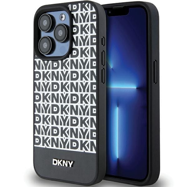 DKNY MagSafe-fodral i läder med tryckt mönster och metallogo för iPhone 15 Pro Max - Svart