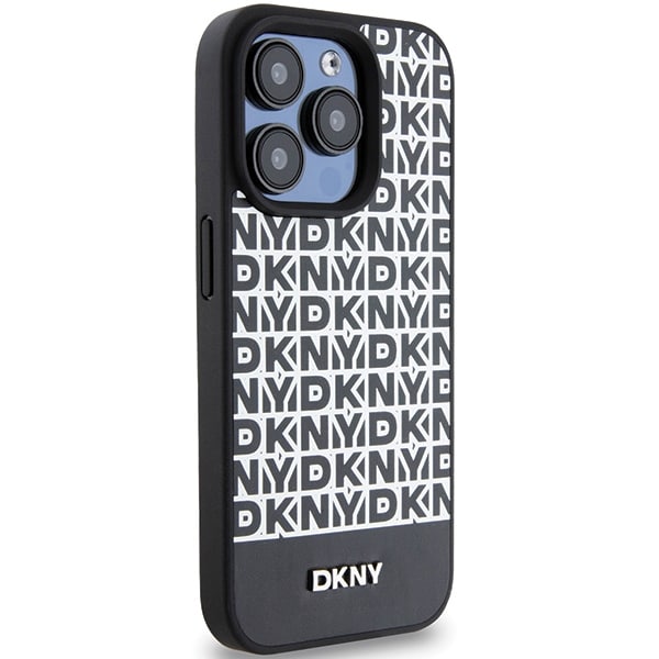 DKNY MagSafe-etui i læder med trykt mønster og metallogo til iPhone 15 Pro Max - Sort