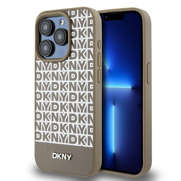 DKNY läderfodral med tryckt mönster och metallogo MagSafe-fodral för iPhone 15 Pro Max - Brun