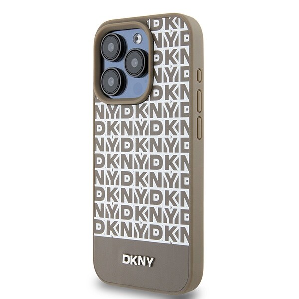 DKNY MagSafe-etui i læder med trykt mønster og metallogo til iPhone 15 Pro Max - Brun