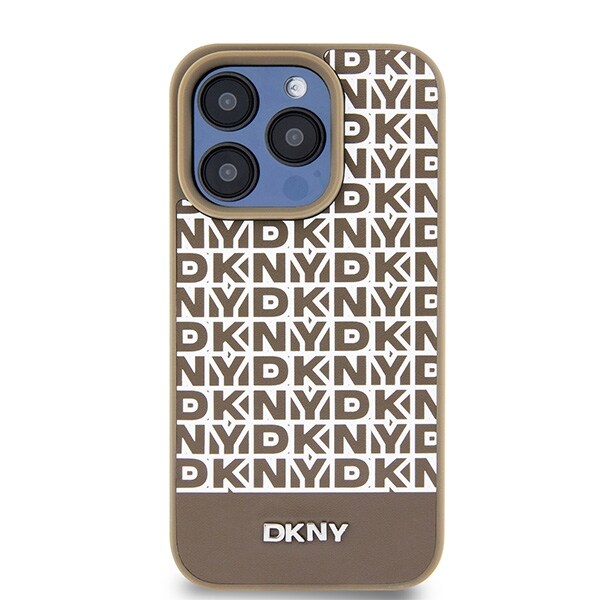 DKNY MagSafe-etui i læder med trykt mønster og metallogo til iPhone 15 Pro Max - Brun