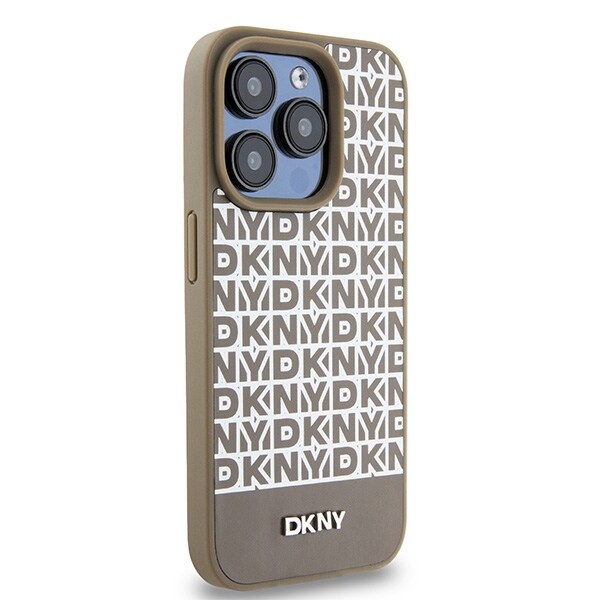 DKNY MagSafe-etui i læder med trykt mønster og metallogo til iPhone 15 Pro Max - Brun