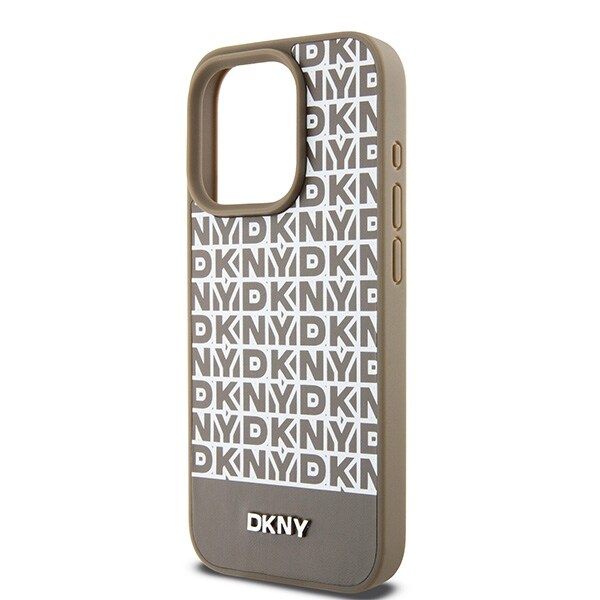DKNY MagSafe-etui i læder med trykt mønster og metallogo til iPhone 15 Pro Max - Brun