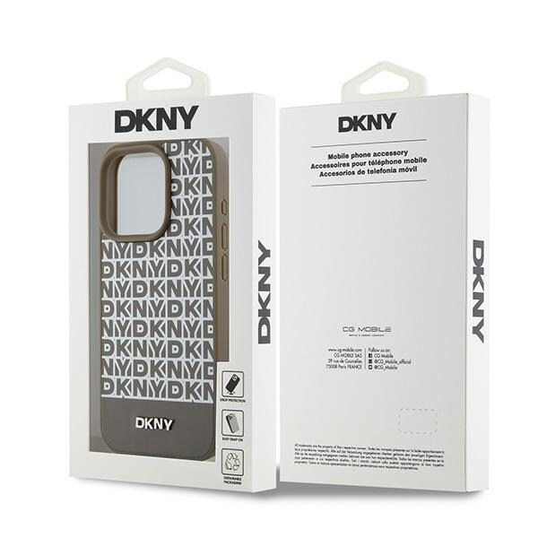 DKNY MagSafe-etui i læder med trykt mønster og metallogo til iPhone 15 Pro Max - Brun
