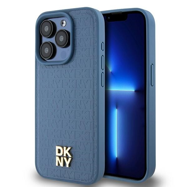DKNY läderfodral med monogrammönster och metallogo MagSafe-fodral för iPhone 15 Pro - Blå