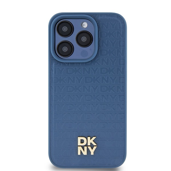 DKNY Læder Monogram Mønster Metal Logo MagSafe Etui til iPhone 15 Pro - Blå