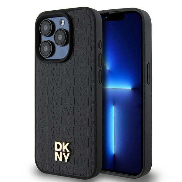 DKNY läderfodral med monogrammönster och metallogo MagSafe-fodral för iPhone 15 Pro - Svart