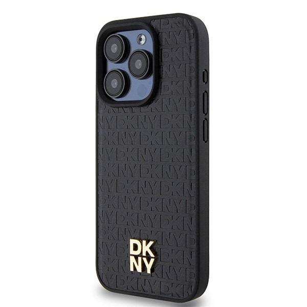 DKNY Læder Monogram Mønster Metal Logo MagSafe Etui til iPhone 15 Pro - Sort
