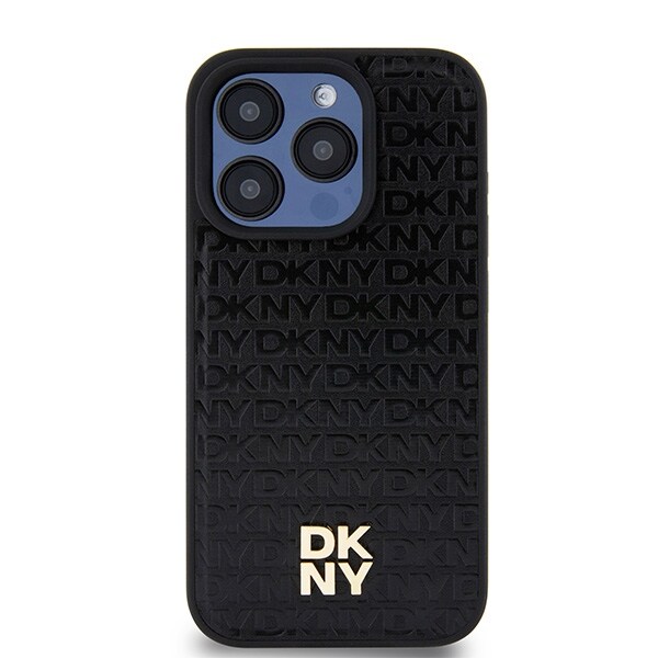 DKNY Læder Monogram Mønster Metal Logo MagSafe Etui til iPhone 15 Pro - Sort