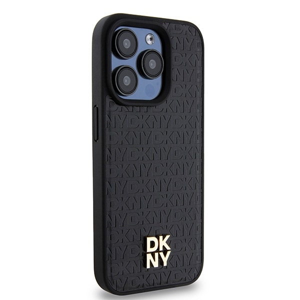 DKNY Læder Monogram Mønster Metal Logo MagSafe Etui til iPhone 15 Pro - Sort