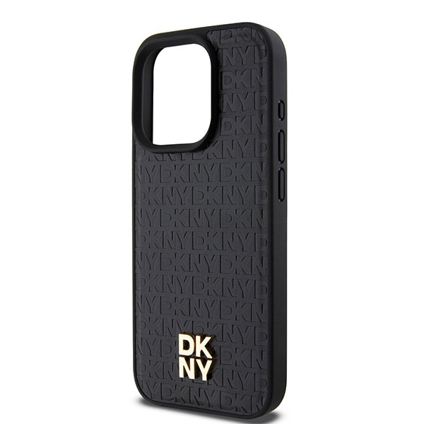 DKNY Læder Monogram Mønster Metal Logo MagSafe Etui til iPhone 15 Pro - Sort