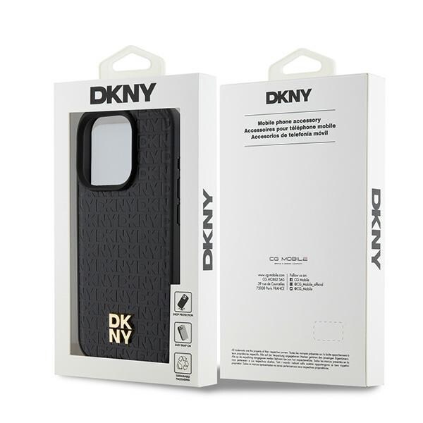 DKNY Læder Monogram Mønster Metal Logo MagSafe Etui til iPhone 15 Pro - Sort