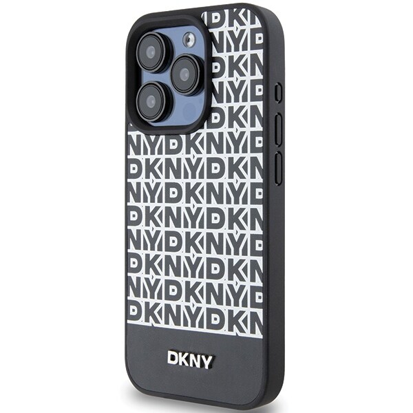 DKNY MagSafe-etui i læder med trykt mønster og metallogo til iPhone 15 Pro - Sort