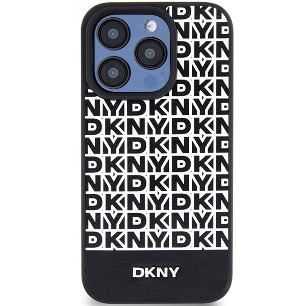 DKNY MagSafe-etui i læder med trykt mønster og metallogo til iPhone 15 Pro - Sort