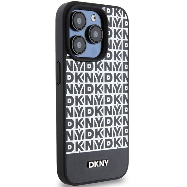 DKNY MagSafe-etui i læder med trykt mønster og metallogo til iPhone 15 Pro - Sort