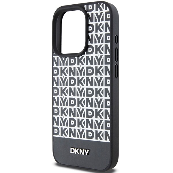 DKNY MagSafe-etui i læder med trykt mønster og metallogo til iPhone 15 Pro - Sort