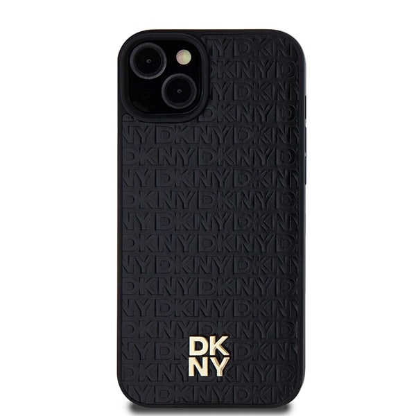 DKNY Læder Monogram Mønster Metal Logo MagSafe Etui til iPhone 15 Plus / 14 Plus - Sort