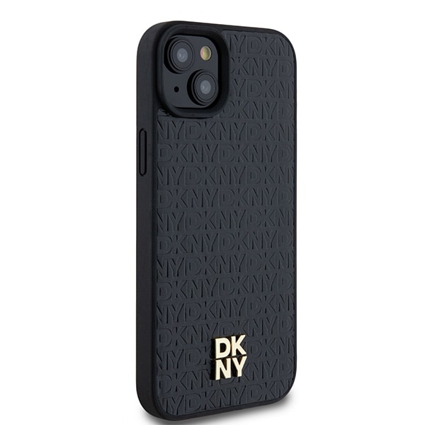 DKNY Læder Monogram Mønster Metal Logo MagSafe Etui til iPhone 15 Plus / 14 Plus - Sort