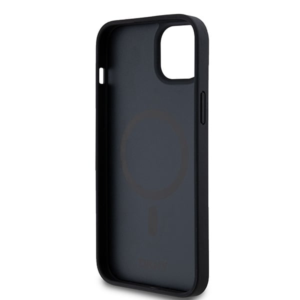 DKNY Læder Monogram Mønster Metal Logo MagSafe Etui til iPhone 15 Plus / 14 Plus - Sort