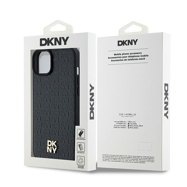 DKNY Læder Monogram Mønster Metal Logo MagSafe Etui til iPhone 15 Plus / 14 Plus - Sort