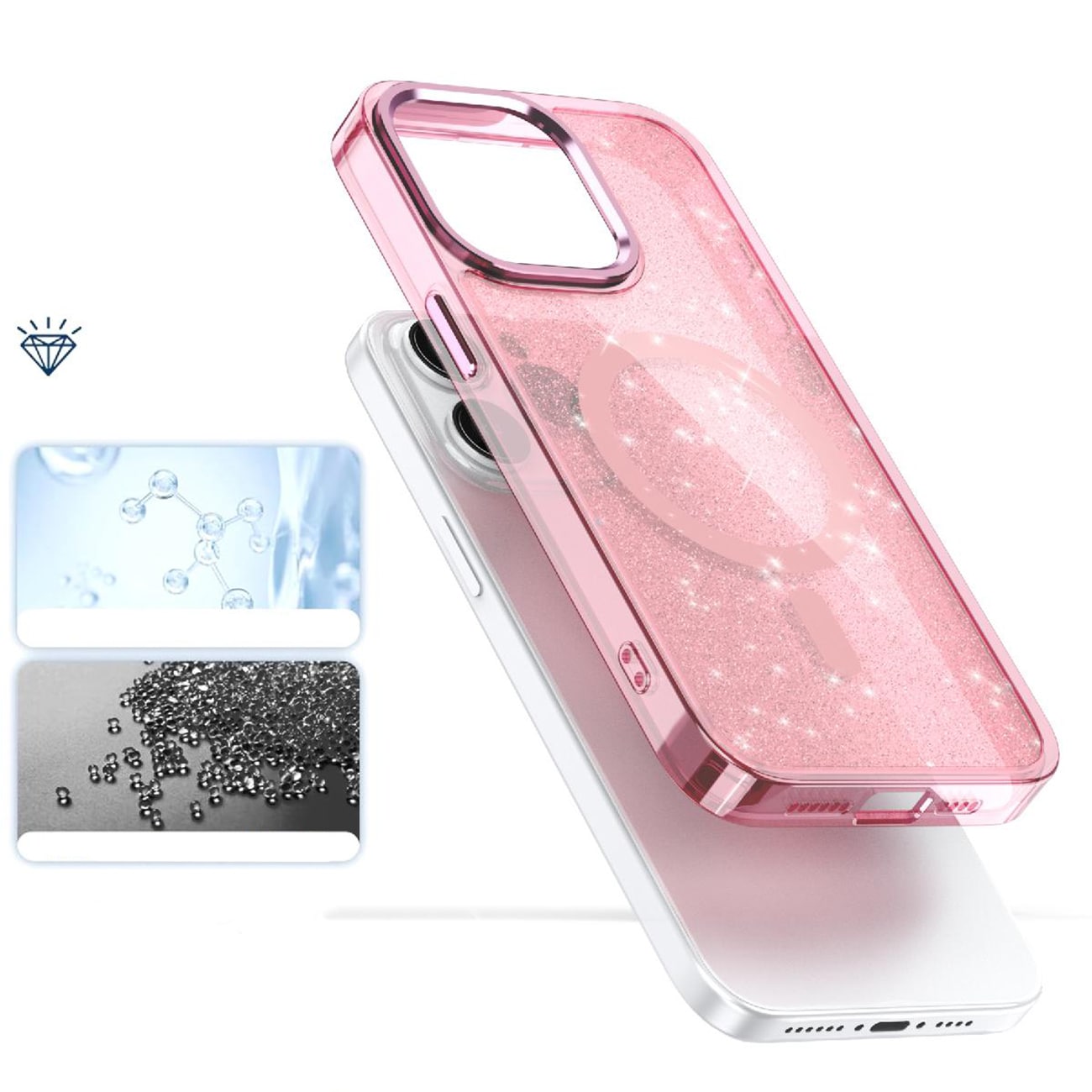 Glitteretui MagSafe til iPhone 16 Pro - pink med glitter