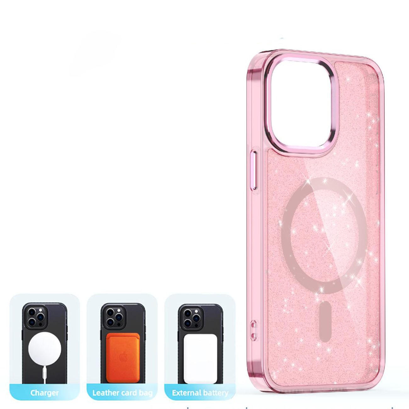 Glitteretui MagSafe til iPhone 16 Pro - pink med glitter