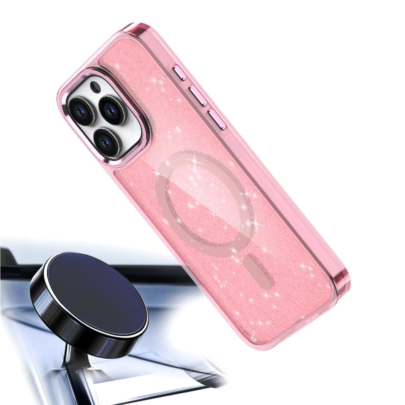 Glitteretui MagSafe til iPhone 16 Pro Max - pink med glitter