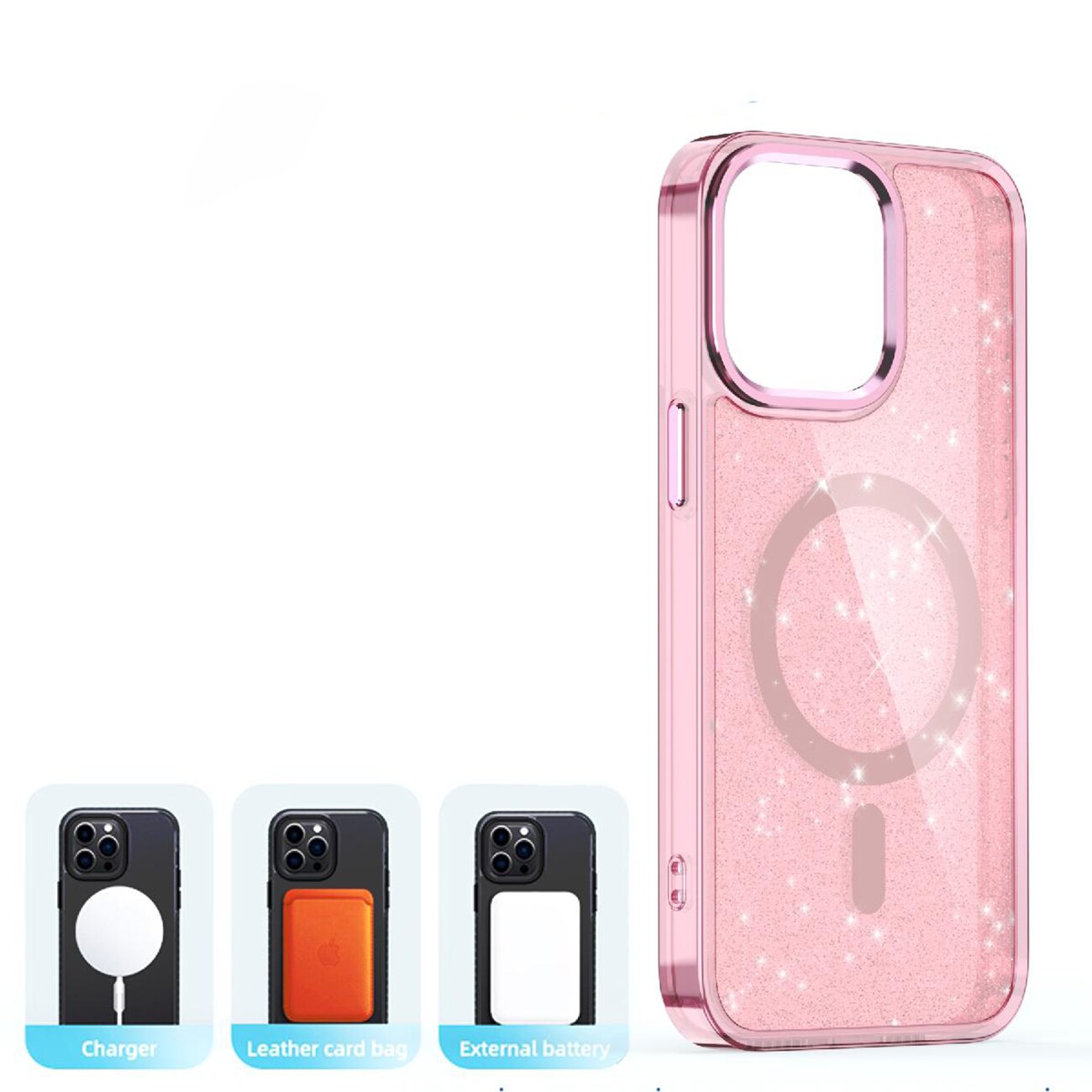 Glitteretui MagSafe til iPhone 16 Pro Max - pink med glitter