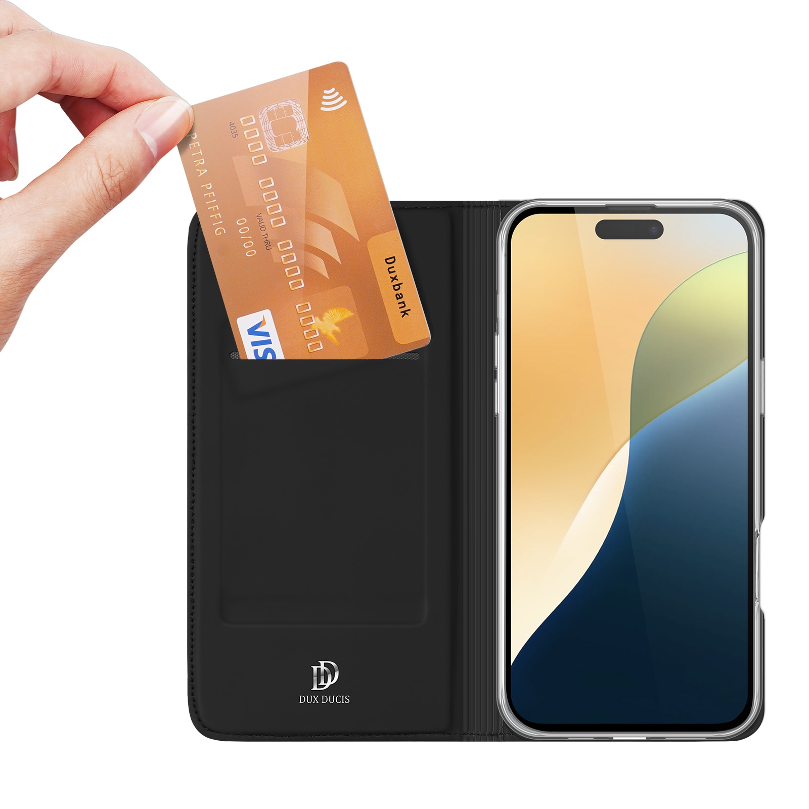 Dux Ducis Skin Pro iPhone 16 Plus-etui med flip og kortplads - Sort