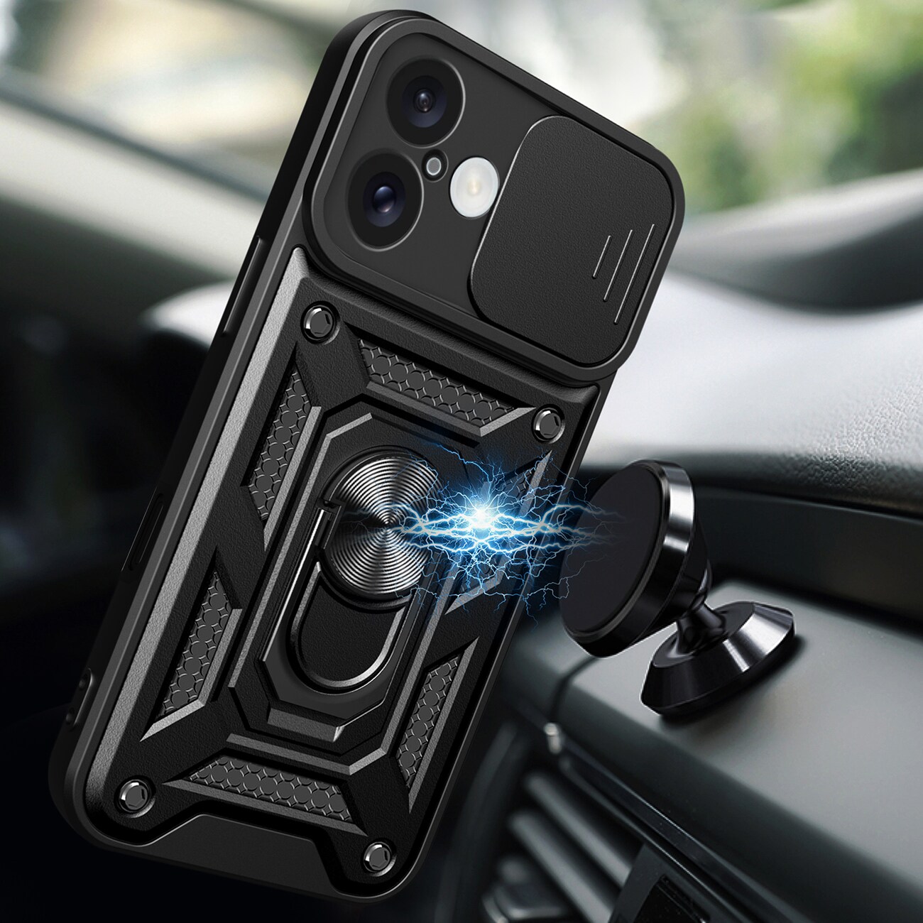 Hybrid Armor Camshield iPhone 16 Pansarväska med kameraskydd och stativ - Svart