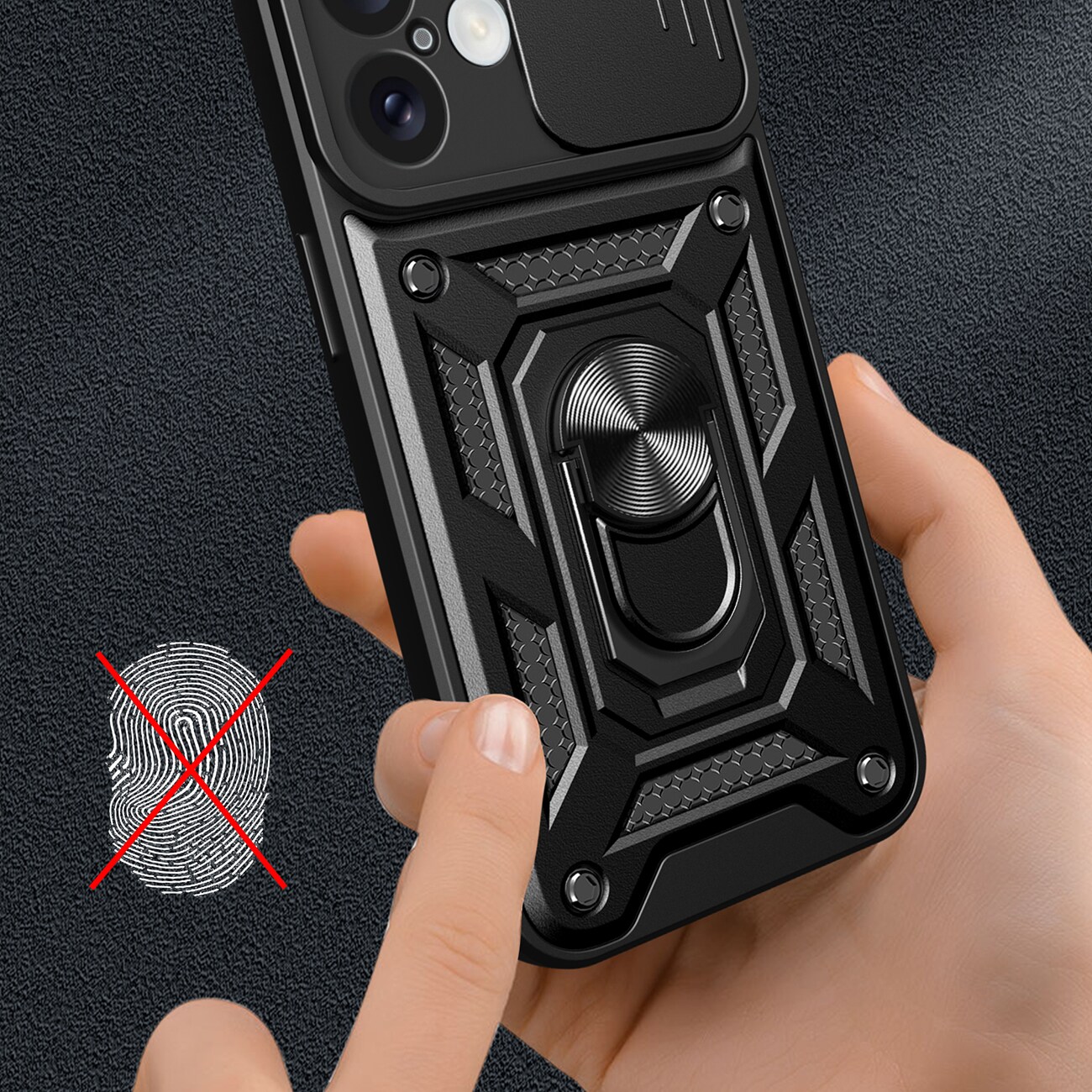 Hybrid Armor Camshield iPhone 16 Pansarväska med kameraskydd och stativ - Svart