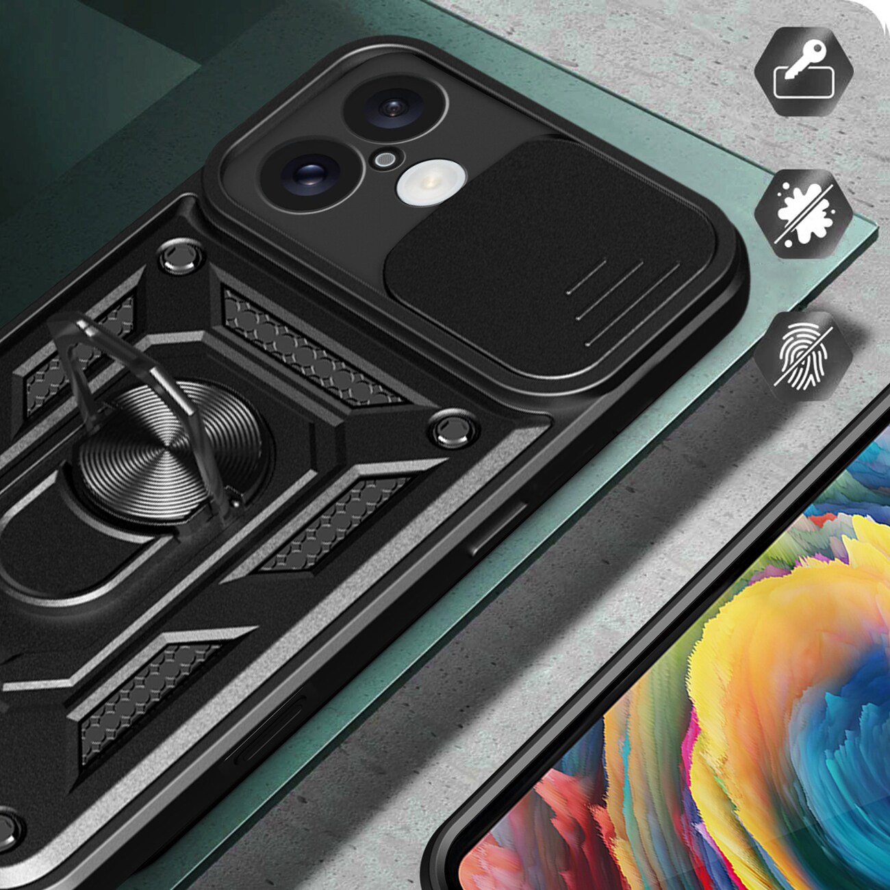 Hybrid Armor Camshield iPhone 16 Plus pansarfodral med kameraskydd och stativ - Svart