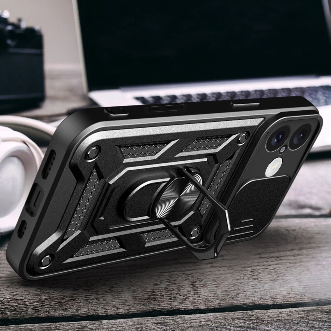 Hybrid Armor Camshield iPhone 16 Plus pansarfodral med kameraskydd och stativ - Svart