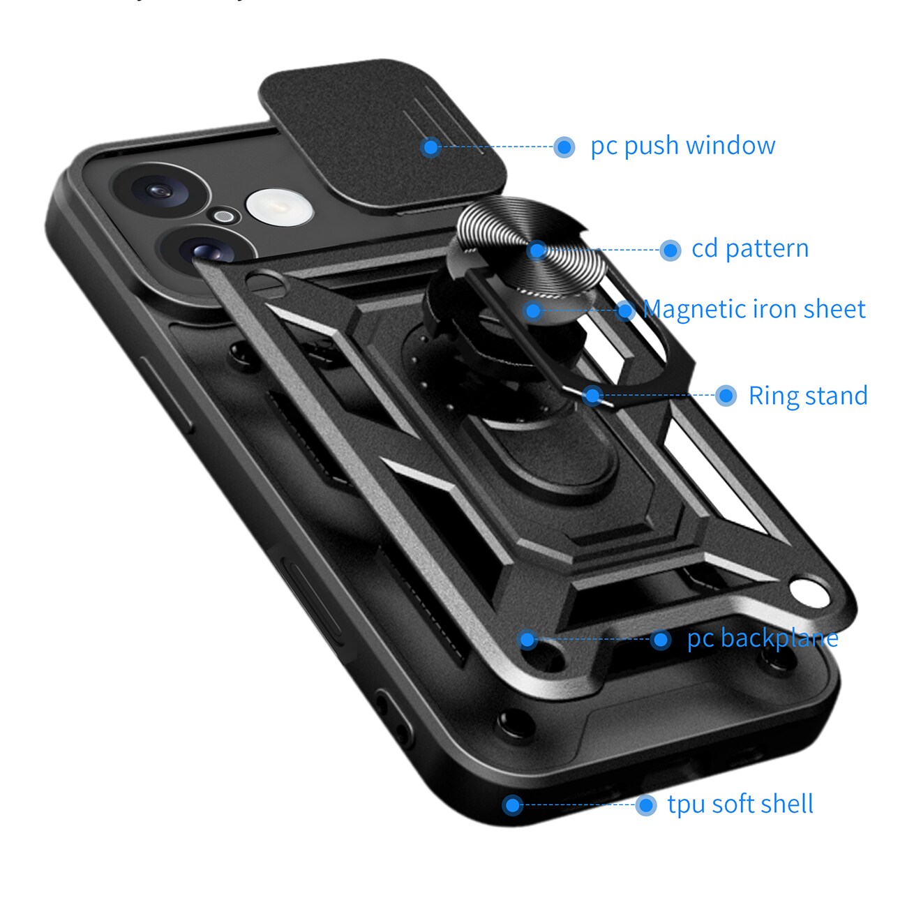 Hybrid Armor Camshield iPhone 16 Plus pansarfodral med kameraskydd och stativ - Svart