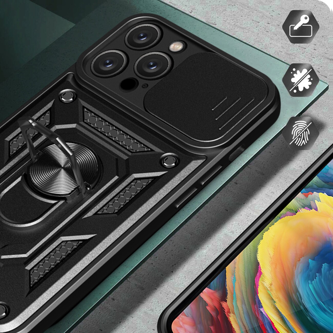 Hybrid Armor Camshield iPhone 16 Pro-fodral med kameraskydd och stativ - Svart
