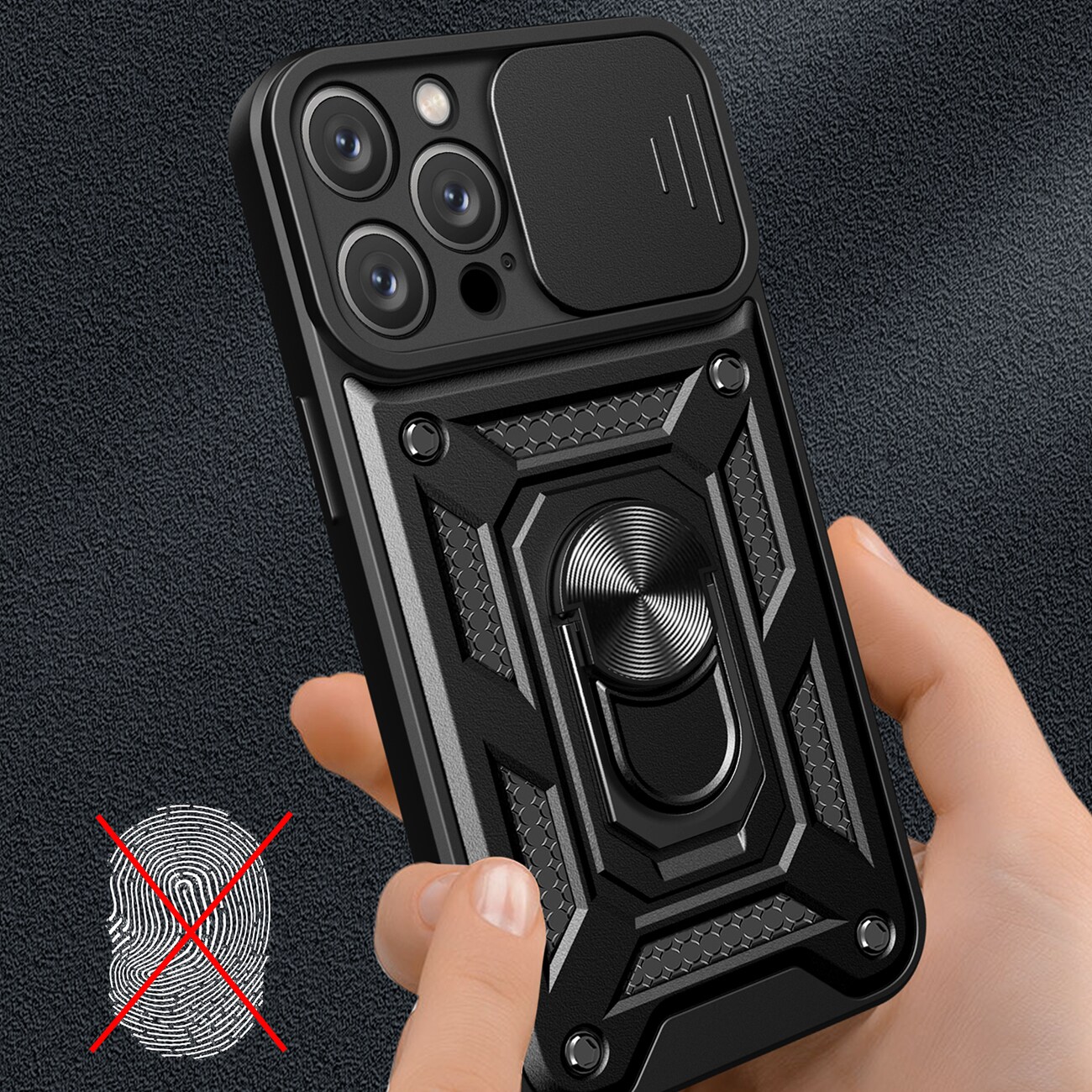 Hybrid Armor Camshield iPhone 16 Pro-fodral med kameraskydd och stativ - Svart