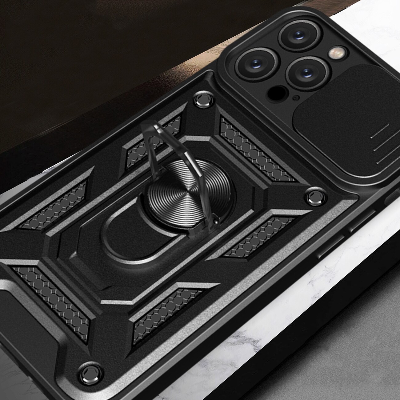 Hybrid Armor Camshield iPhone 16 Pro-fodral med kameraskydd och stativ - Svart
