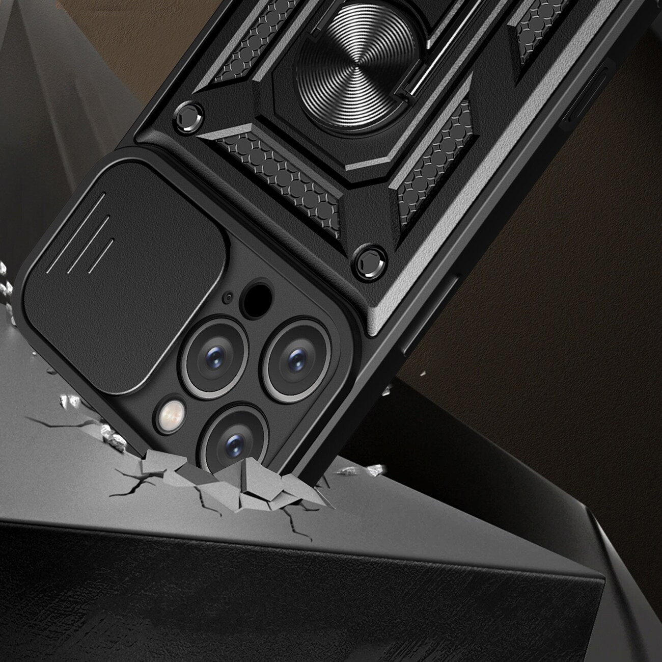 Hybrid Armor Camshield iPhone 16 Pro Max bepansrat fodral med kameraskydd och stativ - Svart