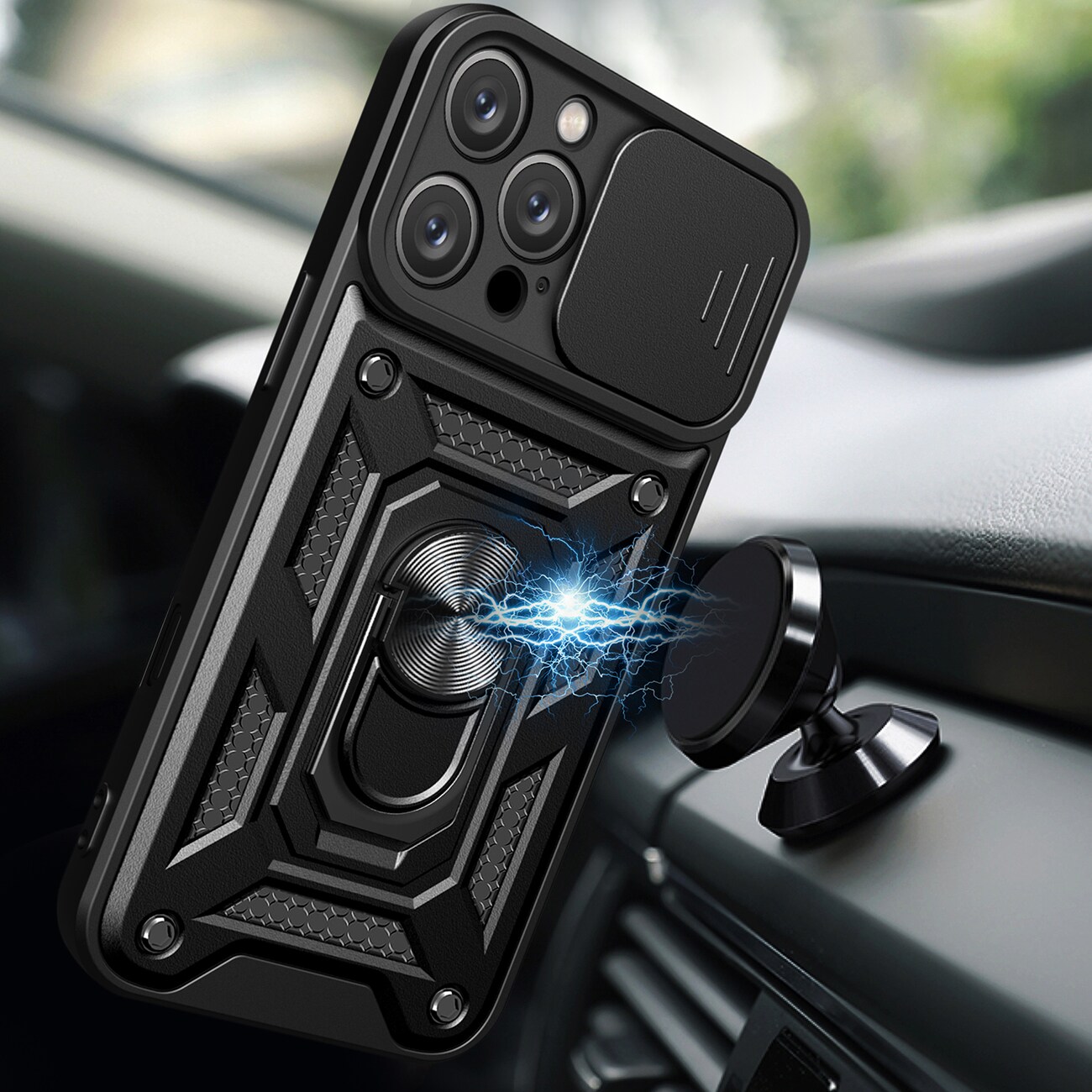 Hybrid Armor Camshield iPhone 16 Pro Max bepansrat fodral med kameraskydd och stativ - Svart