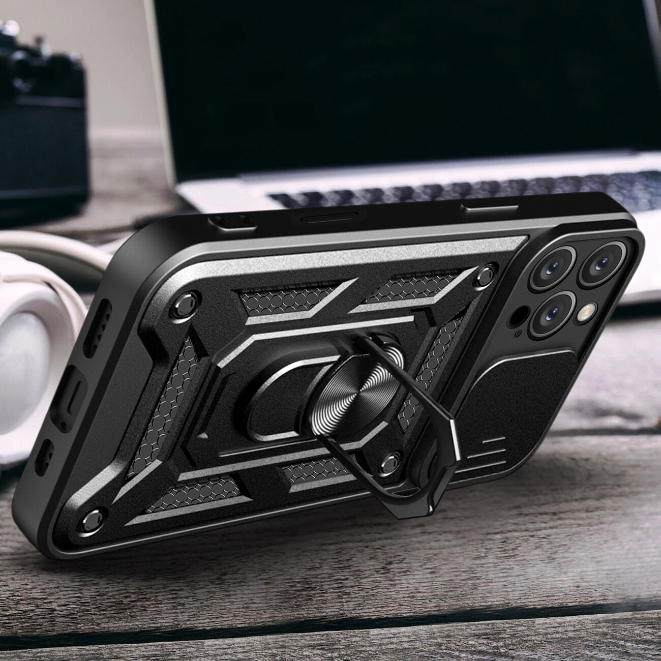 Hybrid Armor Camshield iPhone 16 Pro Max bepansrat fodral med kameraskydd och stativ - Svart