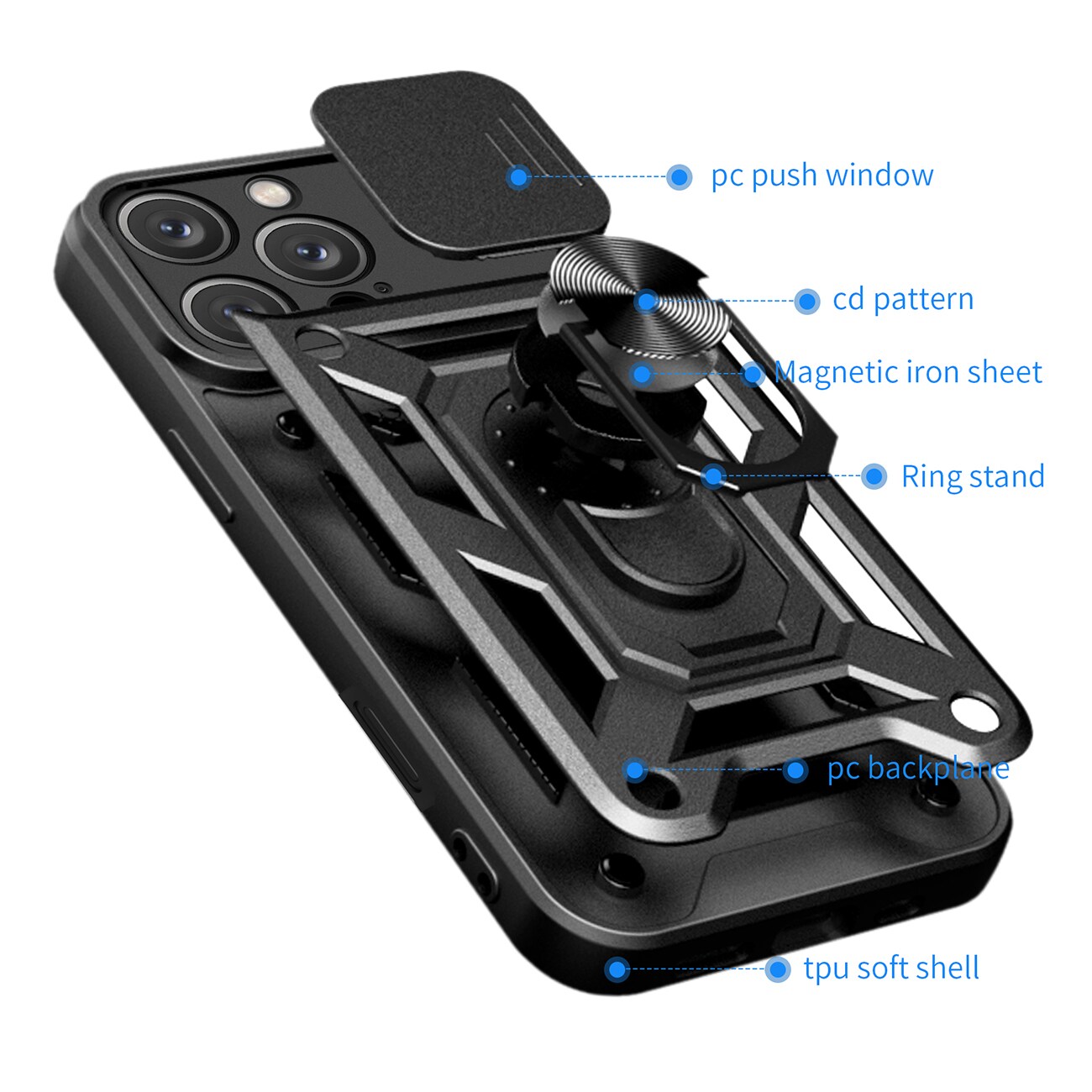 Hybrid Armor Camshield iPhone 16 Pro Max bepansrat fodral med kameraskydd och stativ - Svart